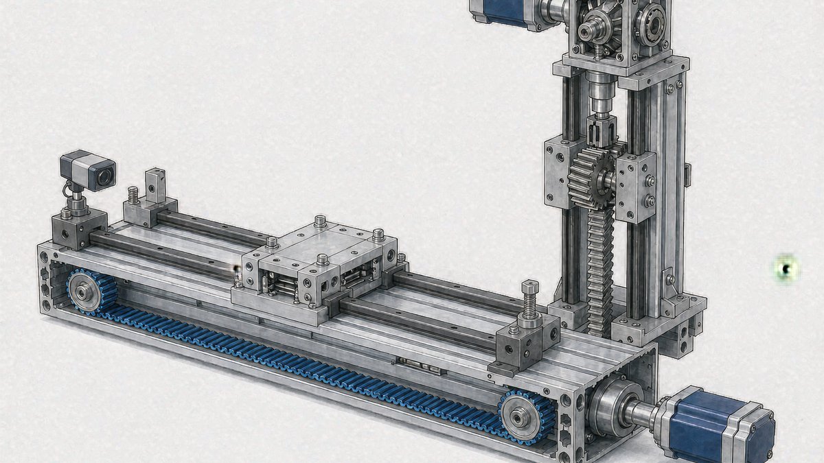 Belt-driven module (horizontal) + rack-and-pinion module (vertical lift) combo structure (AI-generated illustration)